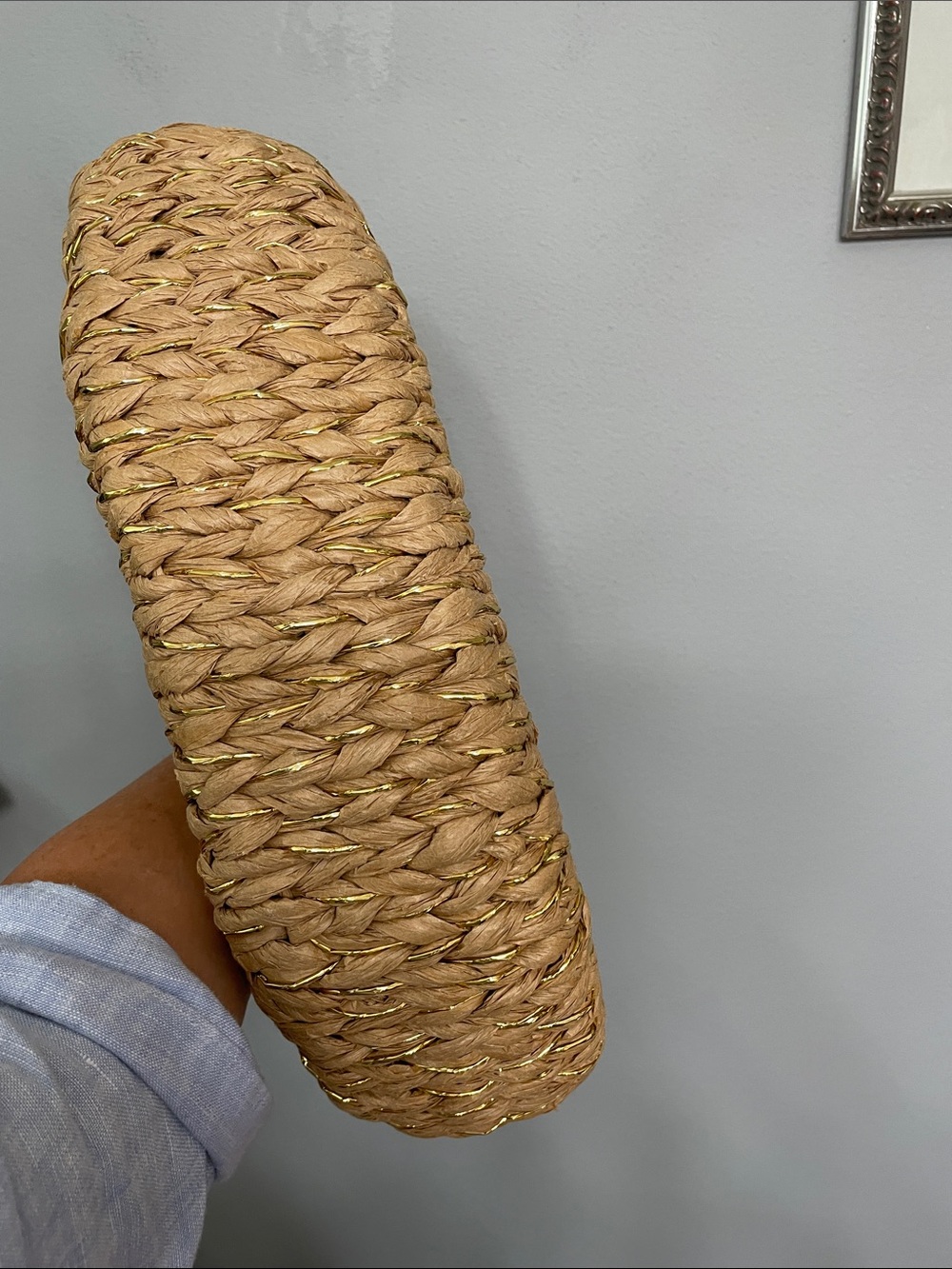 Woven Straw Half-Moon Tote with Wooden Handles and Gold Thread - Natural - Picture 4 of 7